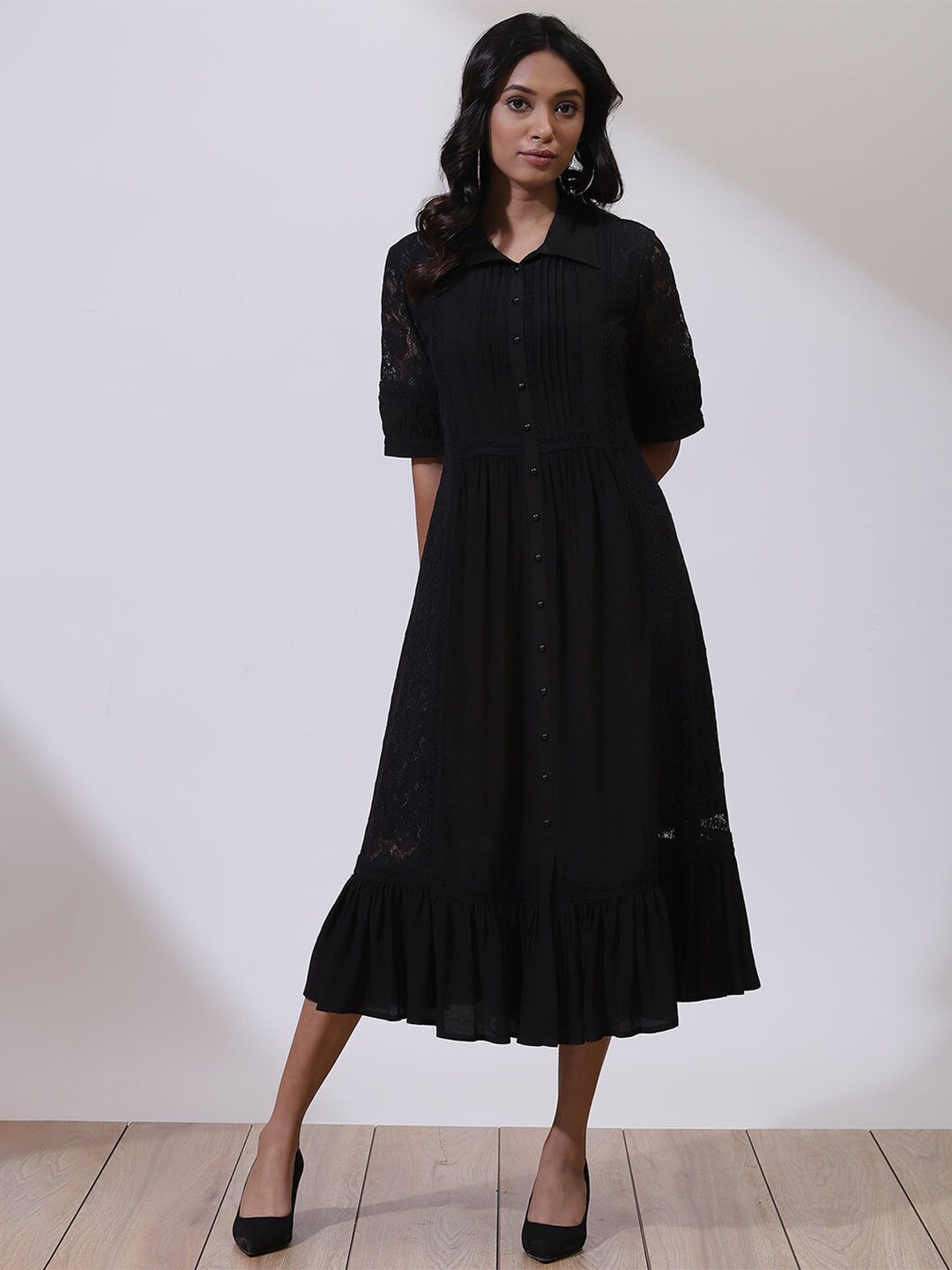 

Lakshita Self Design Net Shirt Collar Fit & Flare Midi Dress, Black