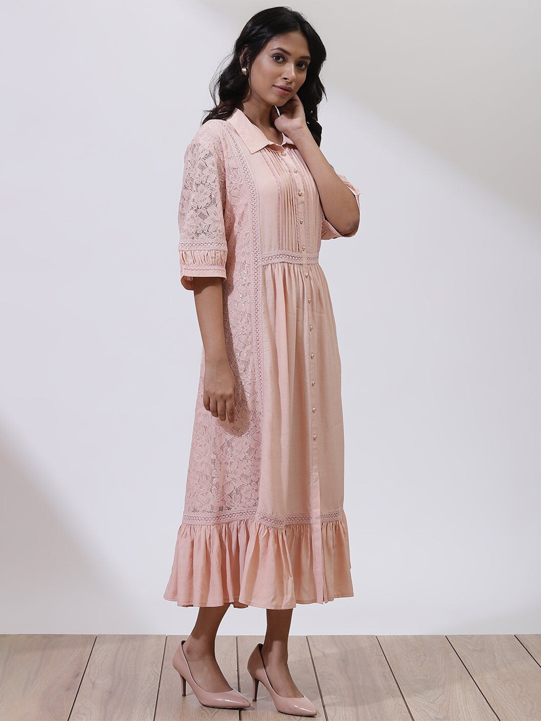 

Lakshita Plus Size Self Design Net Shirt Collar Fit & Flare Midi Dress, Pink