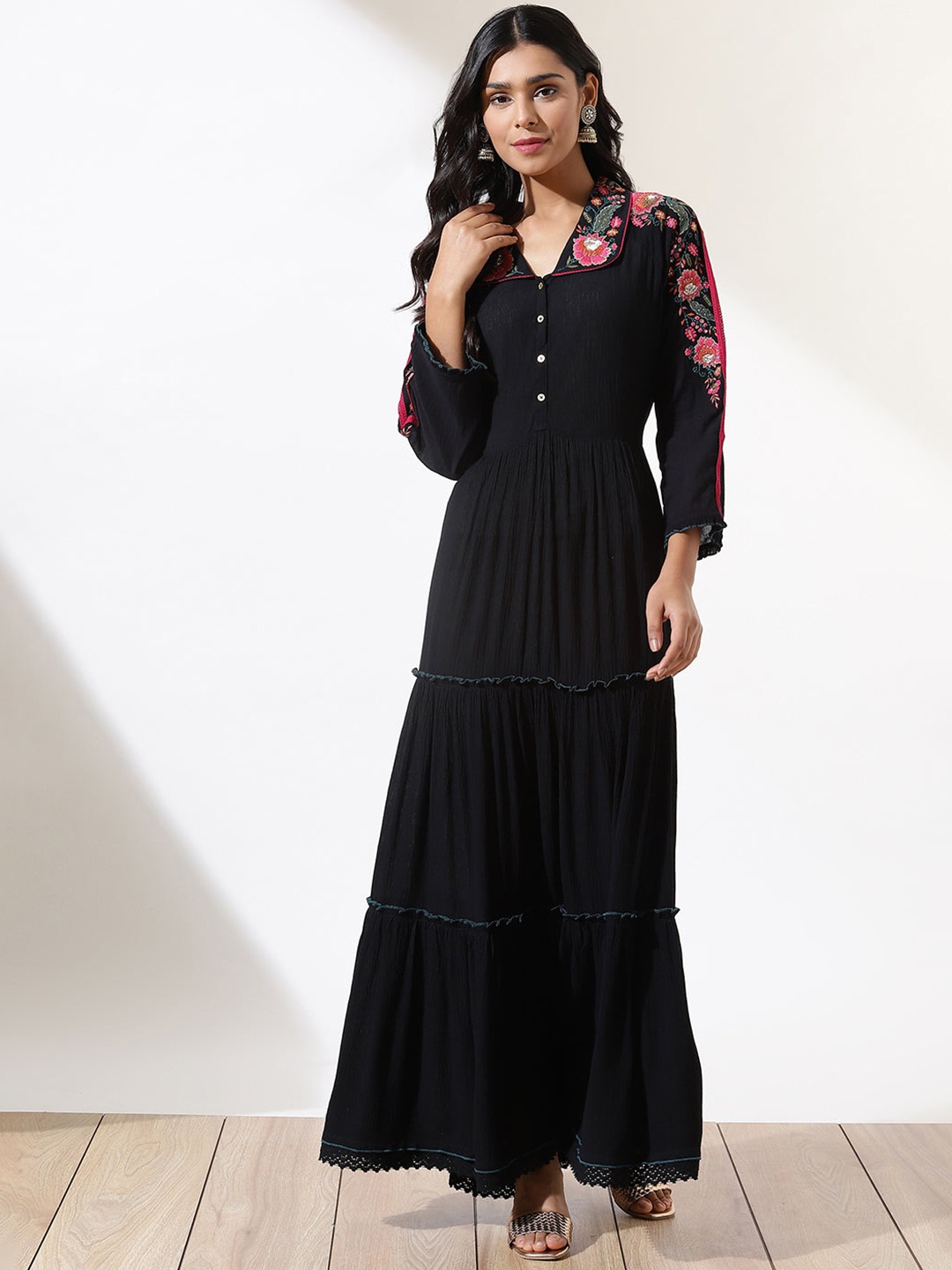 Lakshita Plus Size Floral Embroidered Shirt Collar Maxi Dress, Black