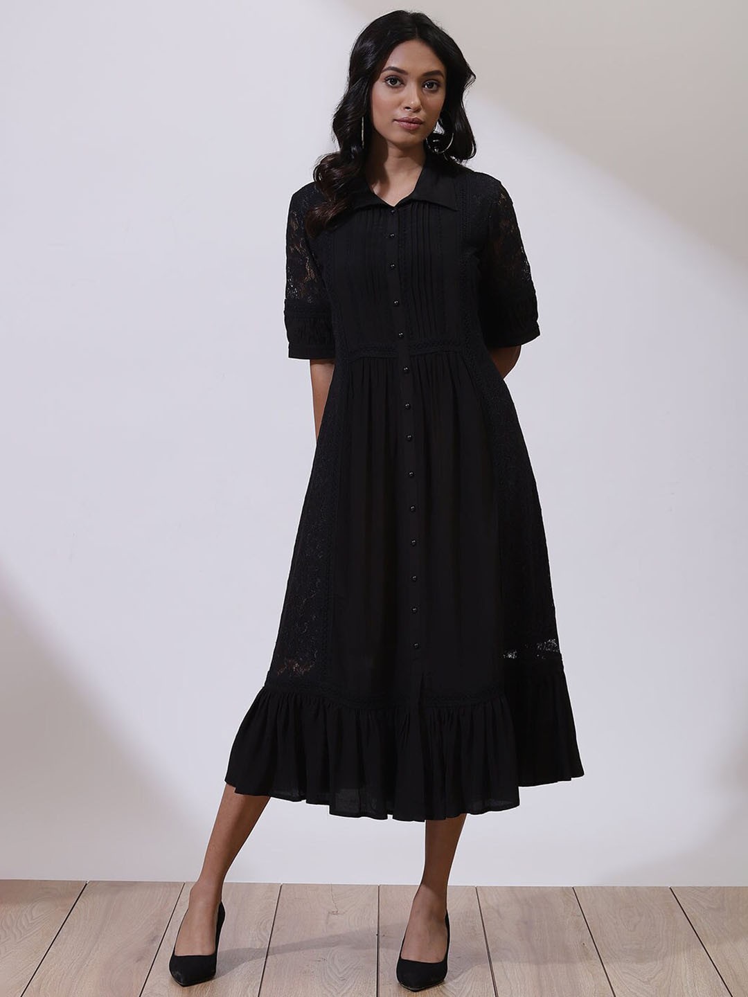 

Lakshita Plus Size Self Design Net Shirt Collar Fit & Flare Midi Dress, Black
