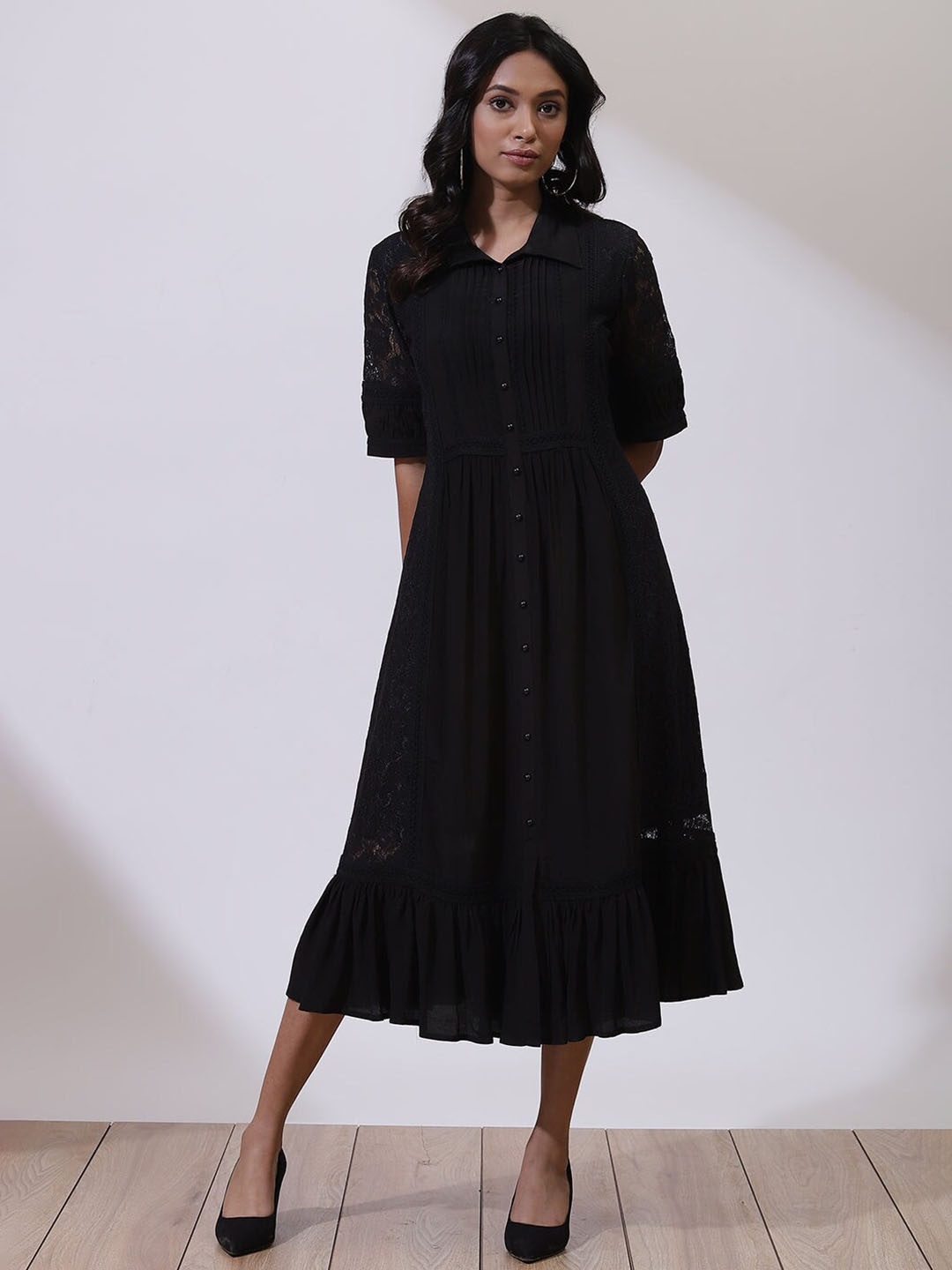 

Lakshita Self Design Shirt Collar Midi A-Line Dress, Black