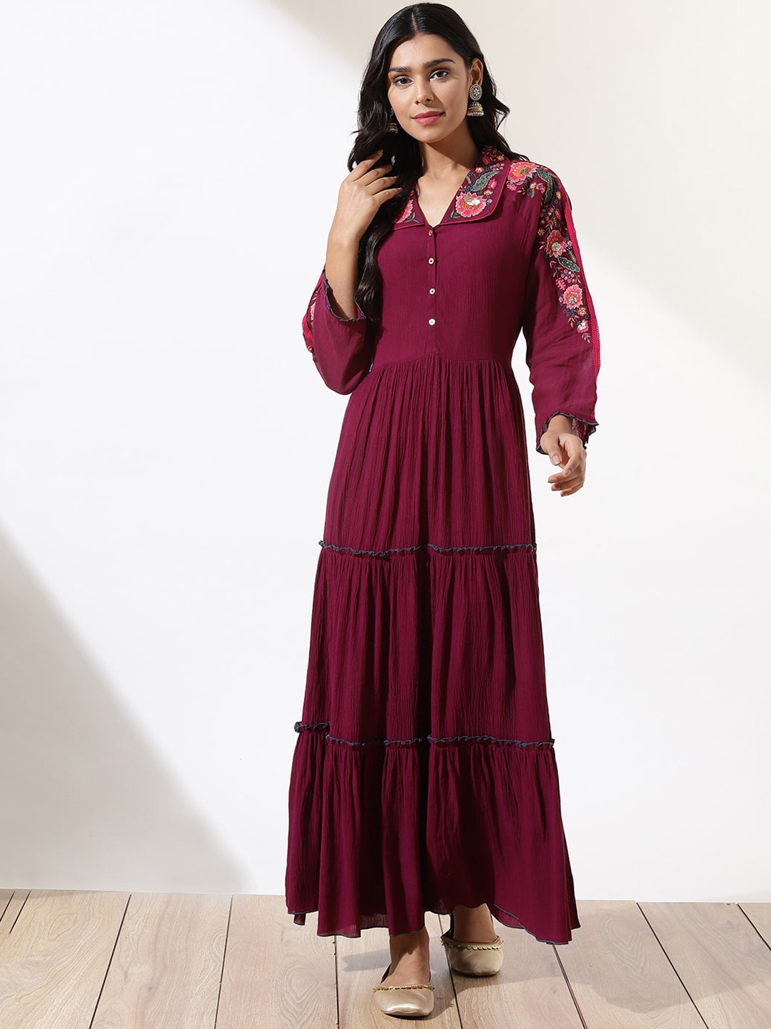

Lakshita Embroidered Long Sleeves Maxi A-Line Ethnic Dress, Maroon