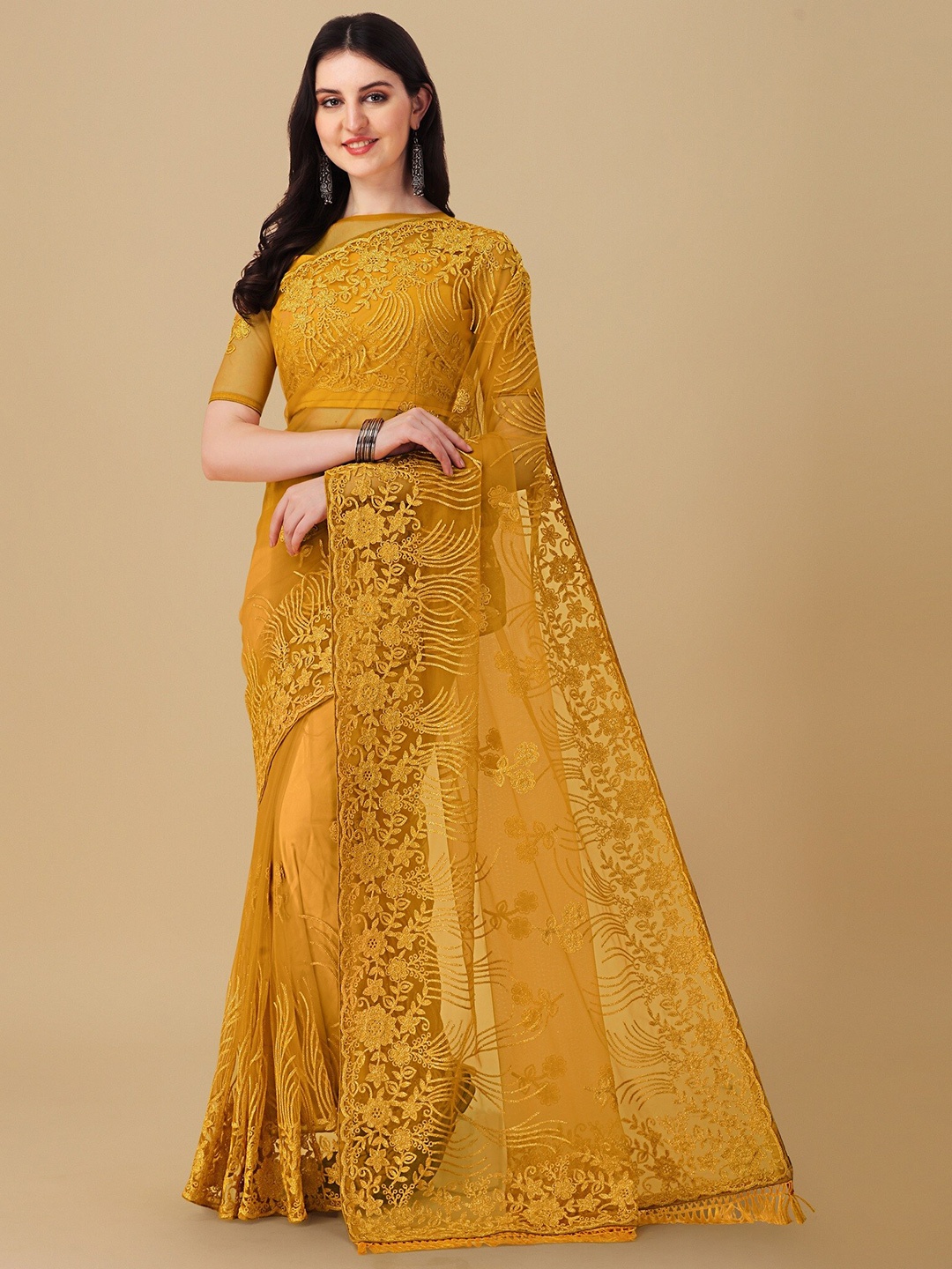 

Nimidiya Floral Embellished Net Saree, Yellow