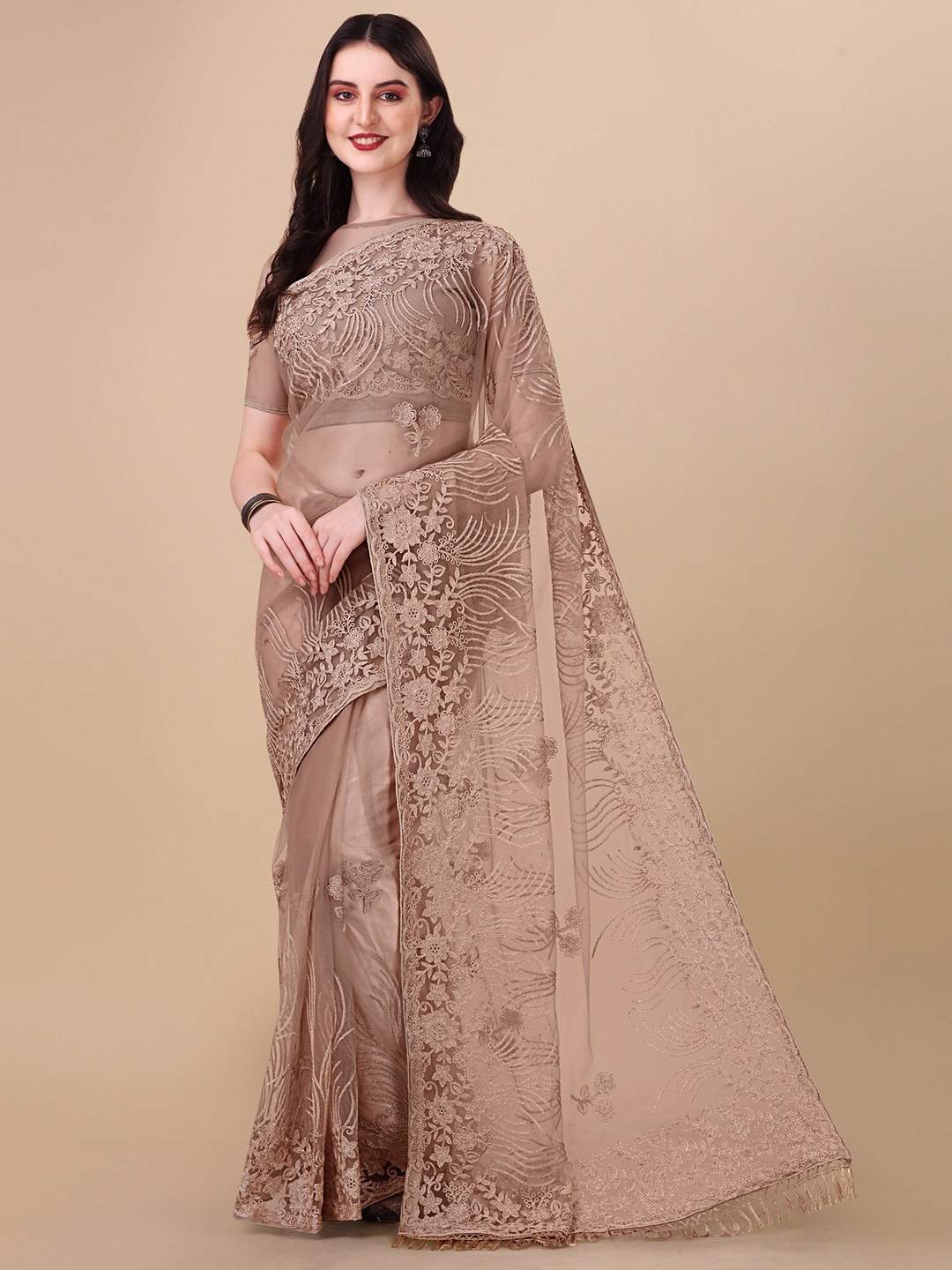 

Nimidiya Floral Embellished Net Saree, Beige