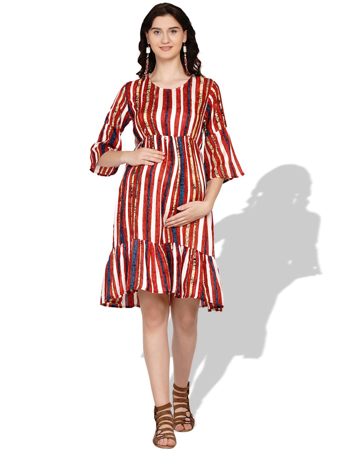 

Mine4Nine Striped Bell Sleeve Maternity A-Line Dress, Red