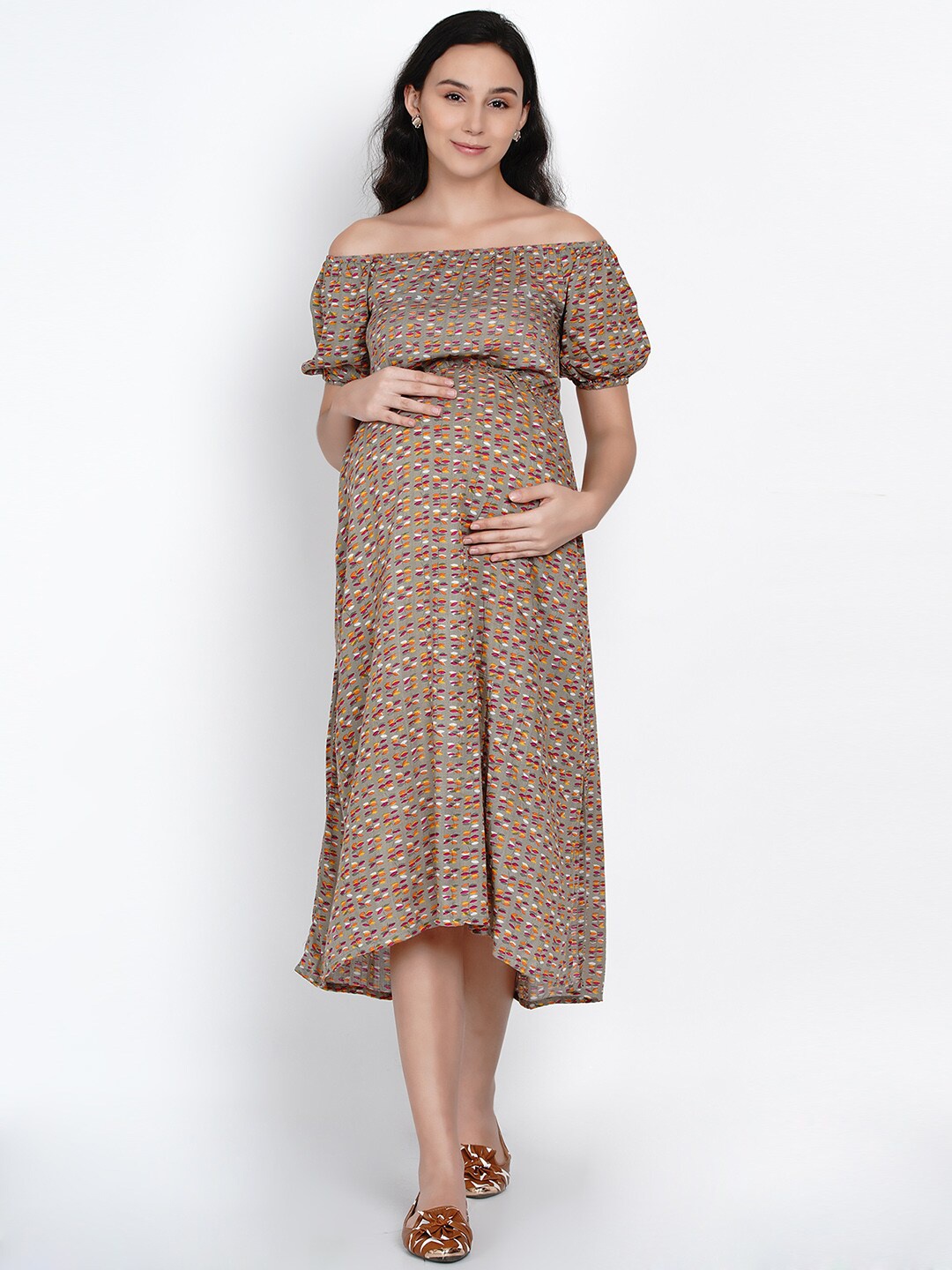 

Mine4Nine Floral Print Off-Shoulder Maternity Fit & Flare Midi Dress, Olive