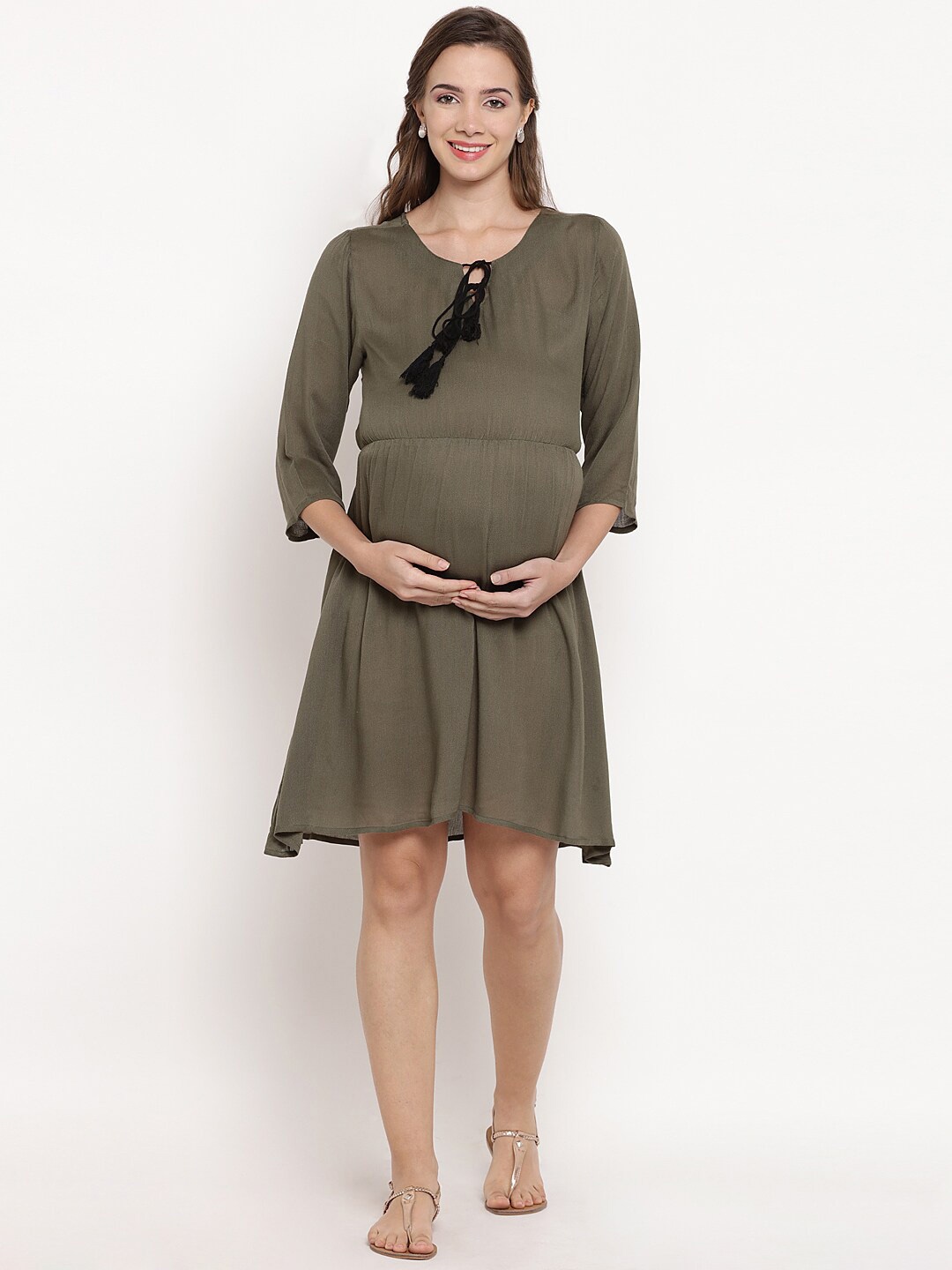 

Mine4Nine Tie-Up Neck Maternity A-Line Knee Length Dress, Olive