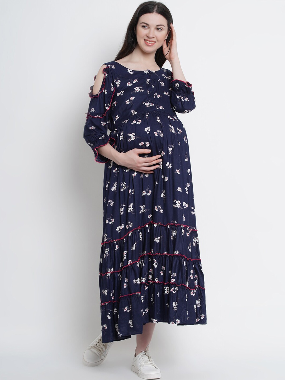 

Mine4Nine Floral Printed Cold-Shoulder Maternity Fit & Flare Midi Dress, Navy blue