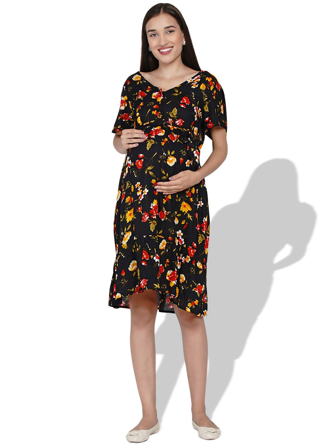 

Mine4Nine Floral Printed V-Neck Maternity A-Line Dress, Black