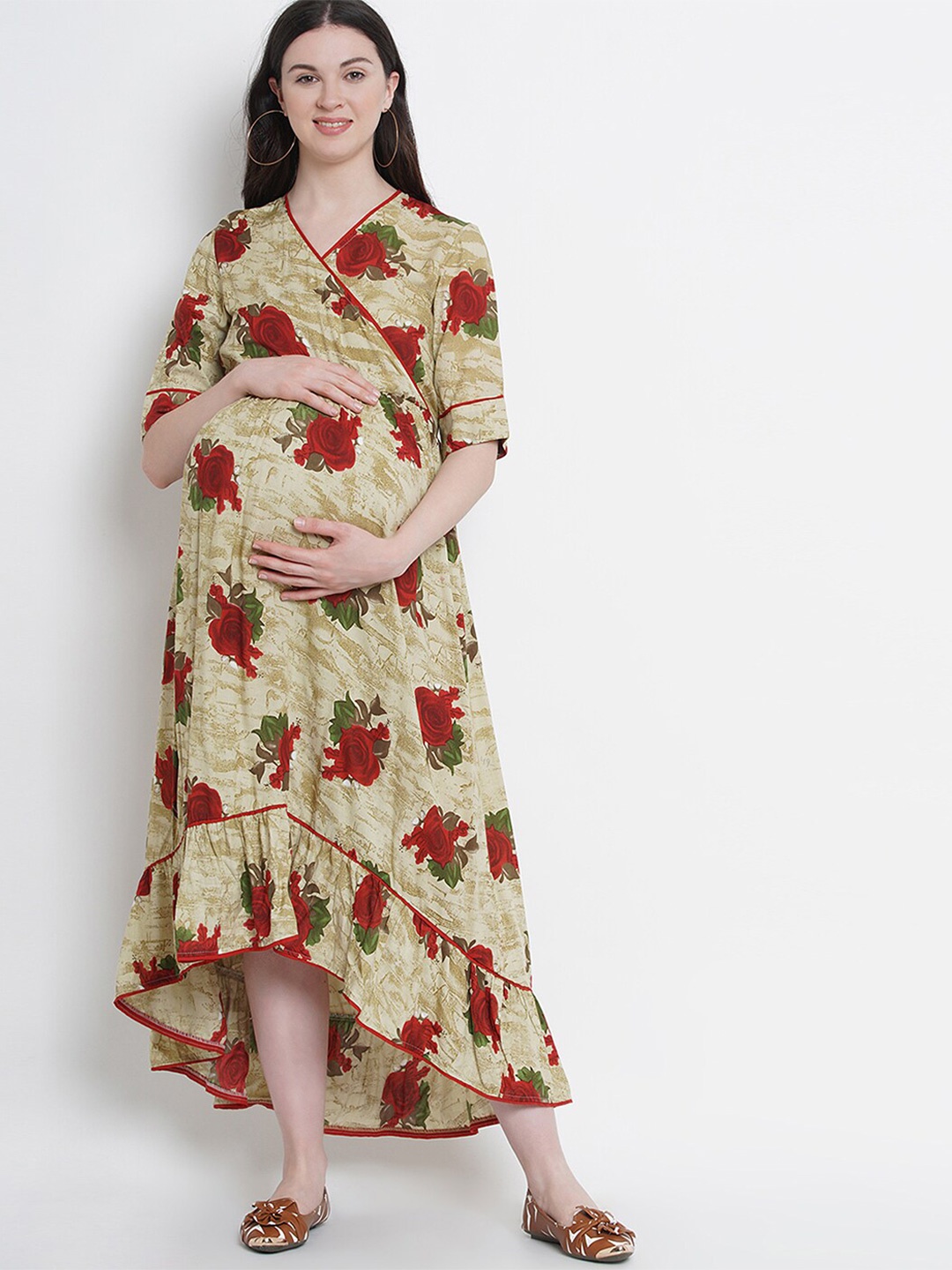 

Mine4Nine Floral Print Maternity Maxi Dress, Beige