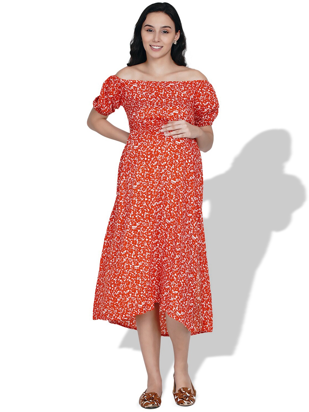 

Mine4Nine Floral Print Off-Shoulder Maternity Fit & Flare Midi Dress, Orange