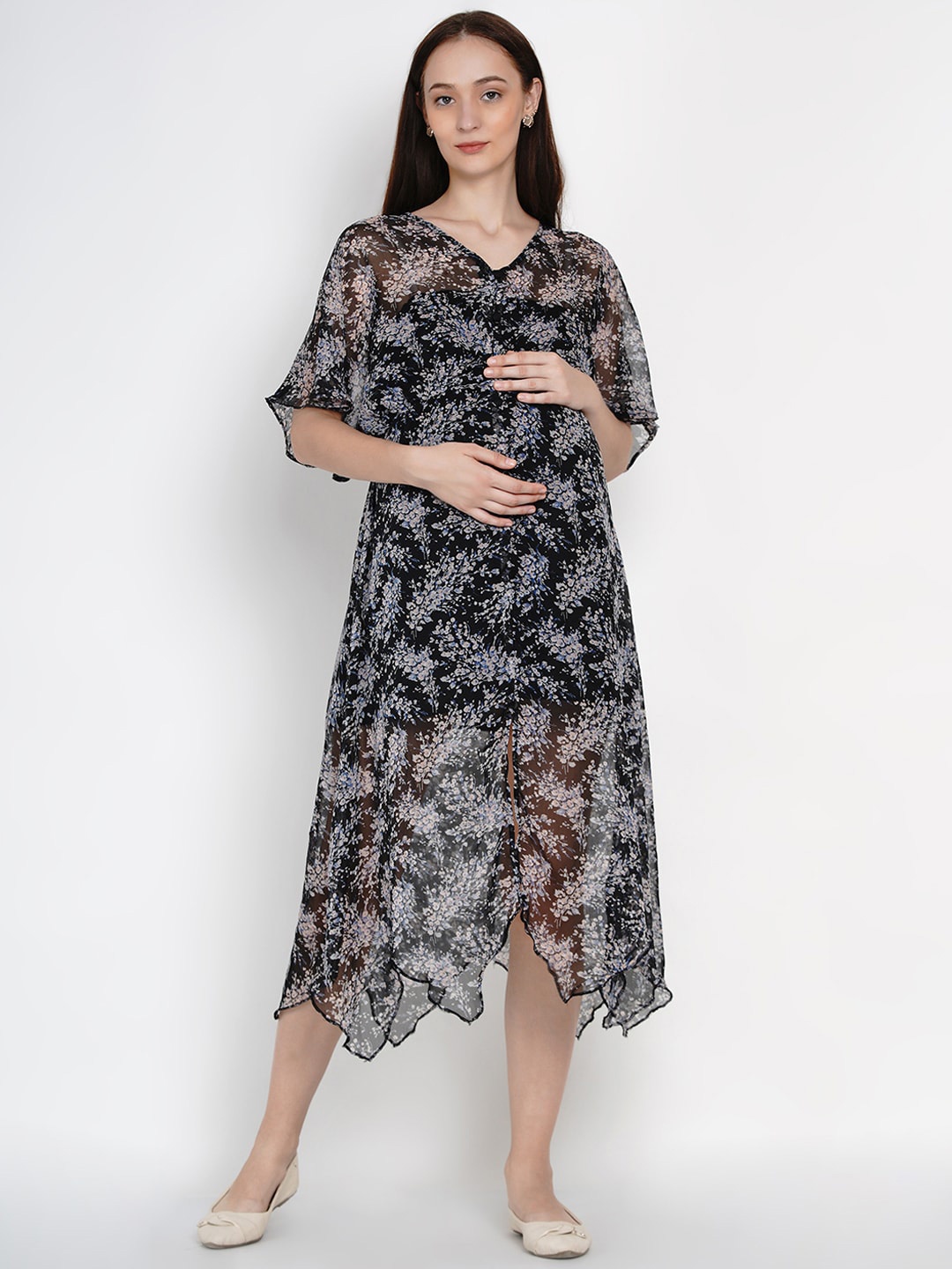 

Mine4Nine Floral Printed V-Neck Flared Sleeves Maternity A-Line Midi Dress, Black