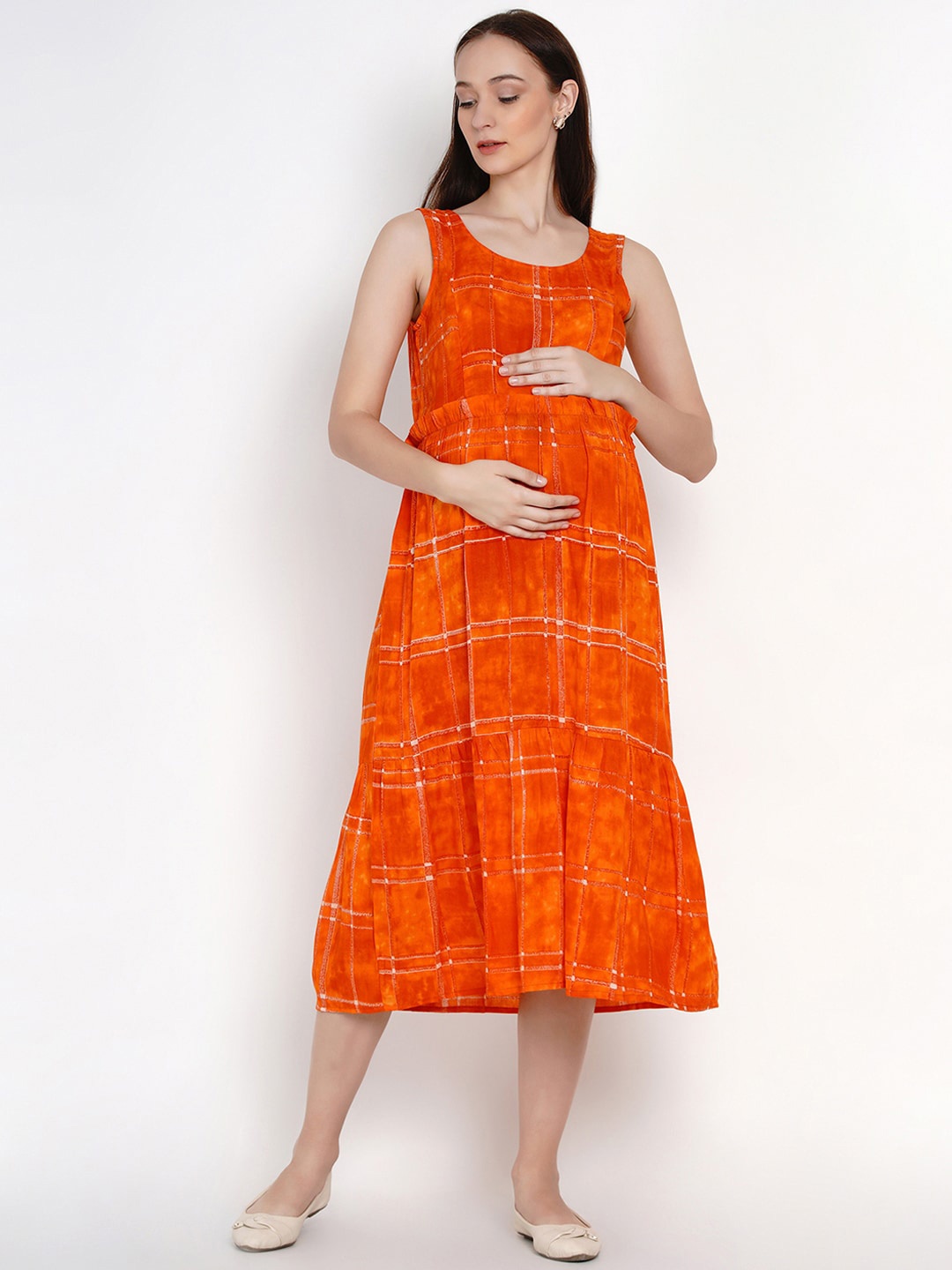 

Mine4Nine Checked Sleeveless Maternity Fit & Flare Midi Dress, Orange