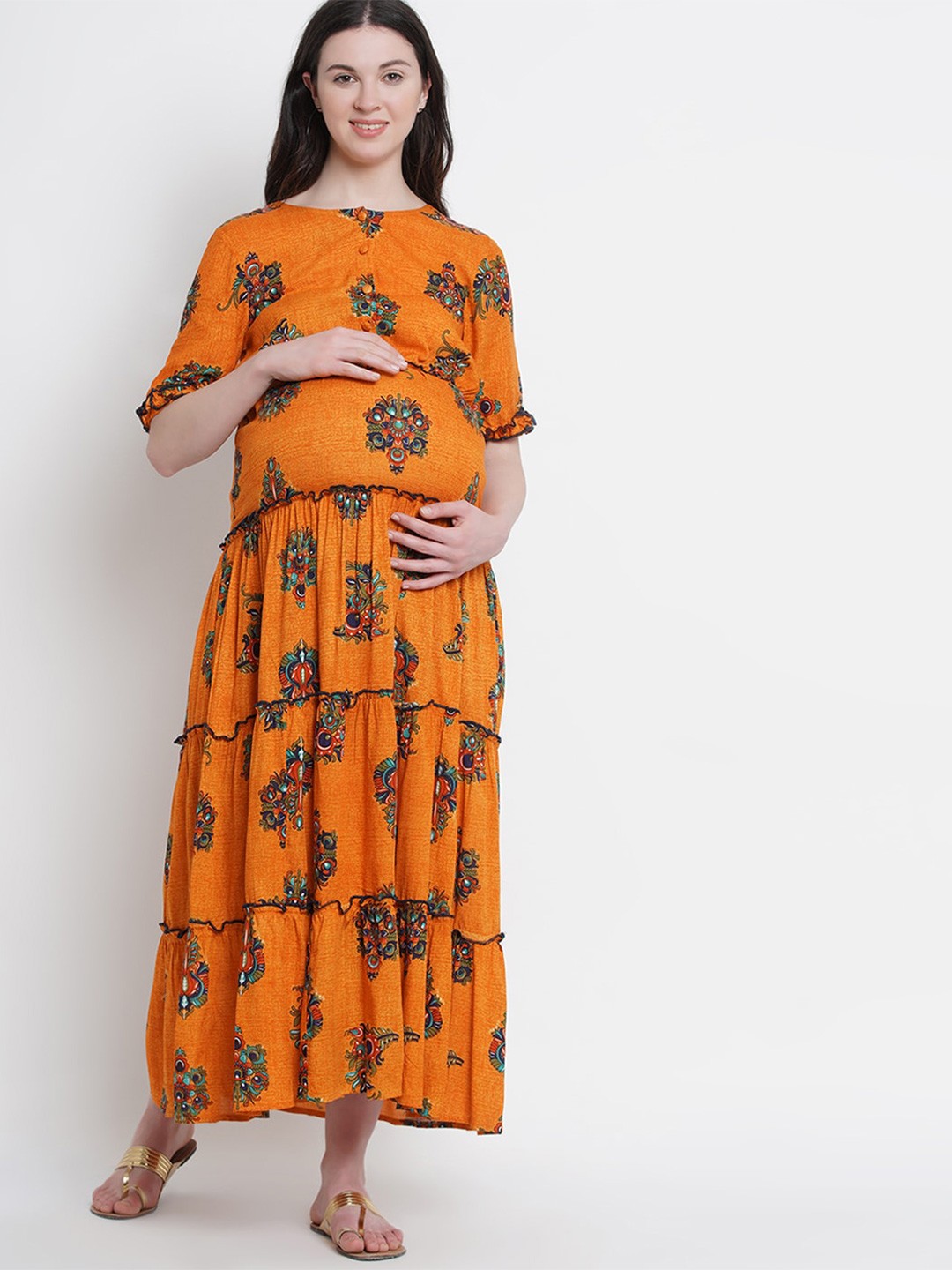 

Mine4Nine Floral Printed Maternity A-Line Maxi Dress, Orange