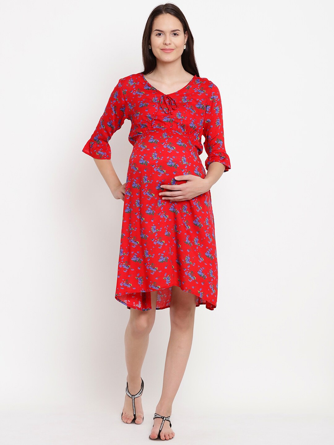 

Mine4Nine Floral Printed V-Neck Bell Sleeves Maternity Fit & Flare Dress, Red