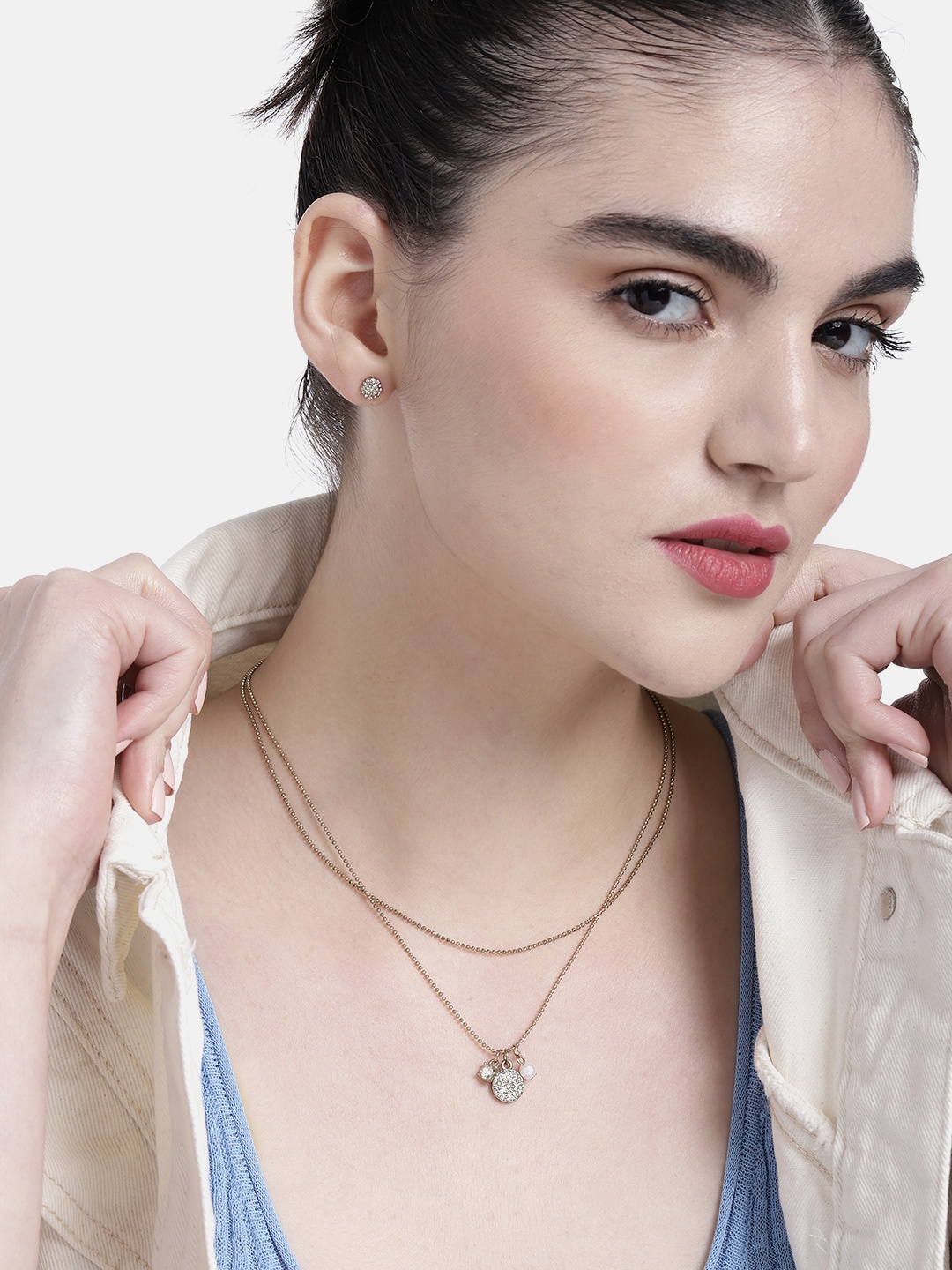 

DressBerry Crystal Studded Earrings & Pendant With Chain Set, Gold