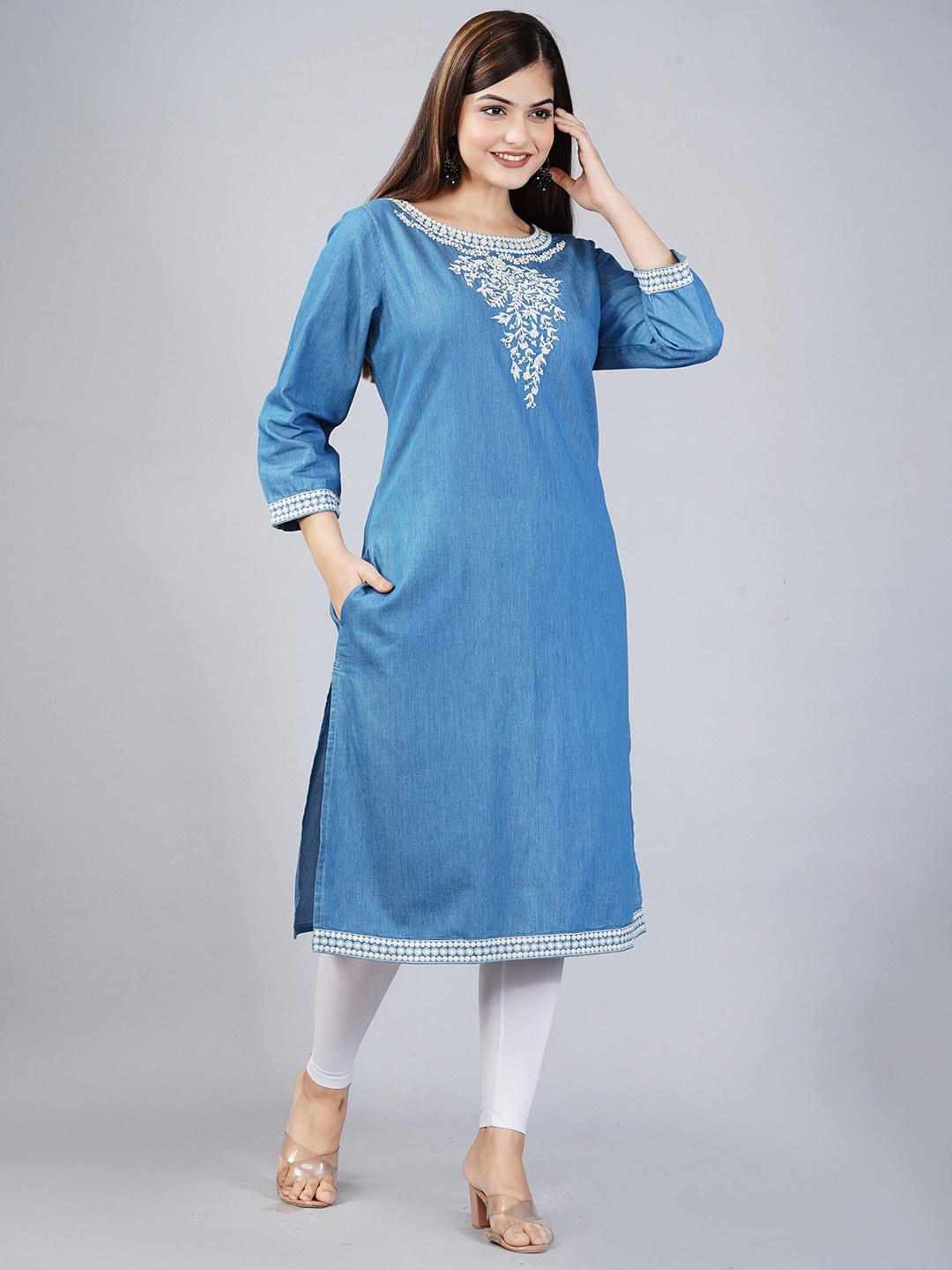 

SUMAVI-FASHION Floral Yoke Design Thread Work Denim Kurta, Blue