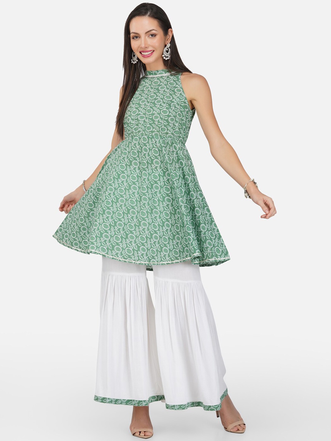 

METRO-FASHION Floral Printed Halter Neck Pure Cotton Kurta with Sharara & With Dupatta, Green