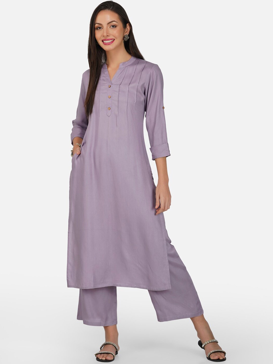 

METRO-FASHION Mandarin Collar Pleated A-Line Kurta with Palazzos, Purple