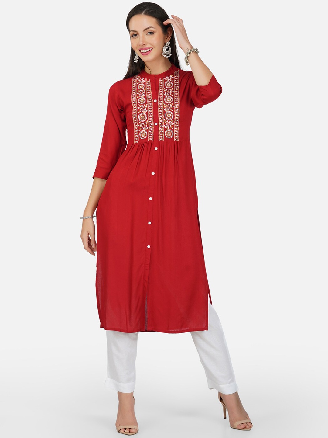

METRO-FASHION Embroidered Band Collar Thread Work A-Line Kurta With Trousers & Dupatta, Red