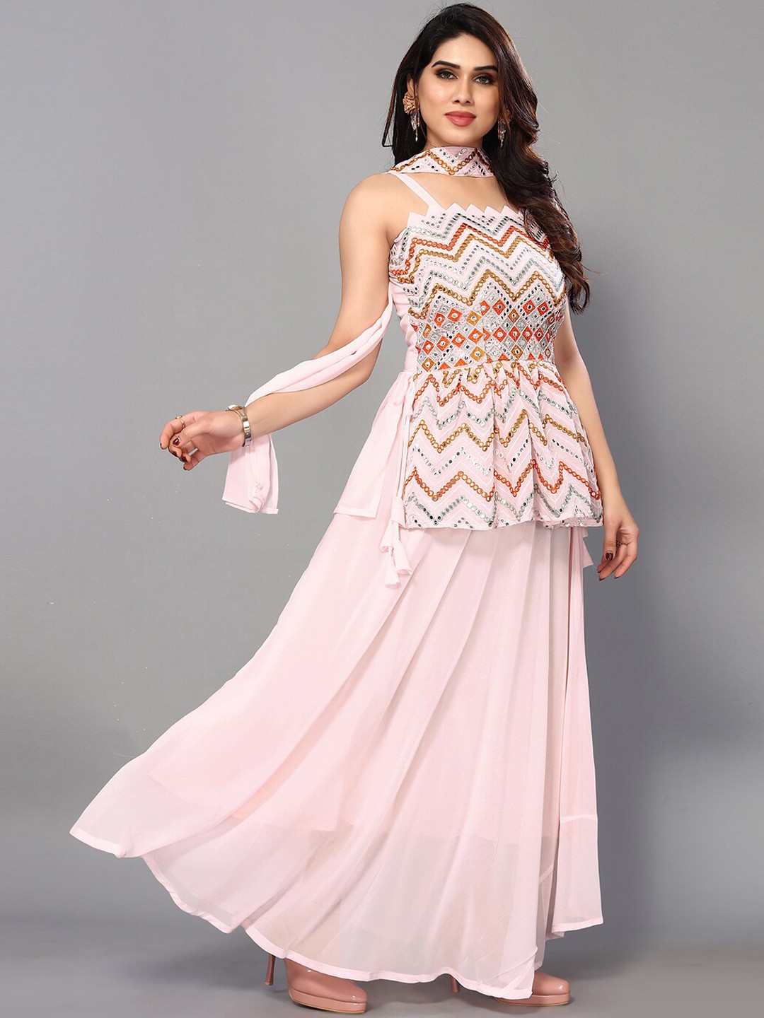 

Trendz Style Geometric Embroidered Mirror Work Kurti With Palazzos & Dupatta, Peach