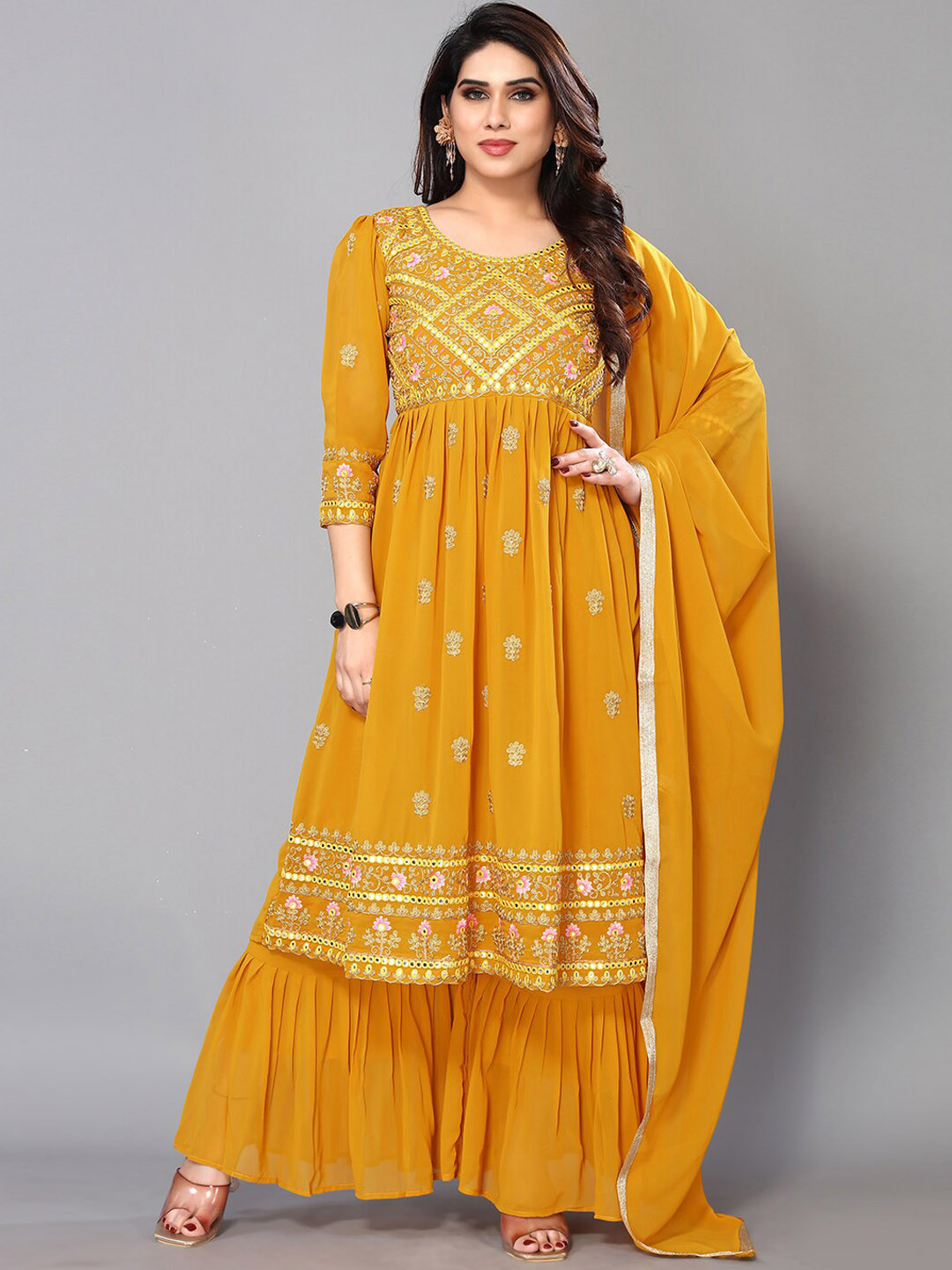 

Trendz Style Embroidered Mirror Work Anarkali Kurta with Sharara & Dupatta, Mustard