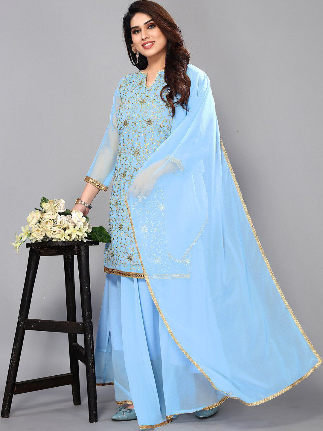

Trendz Style Ethnic Embroidered Kurta with Sharara & Dupatta, Blue