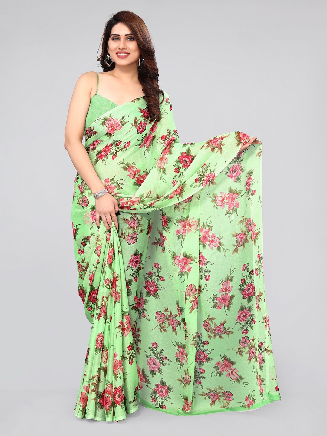 

MIRCHI FASHION Floral Printed Chiffon Saree, Green