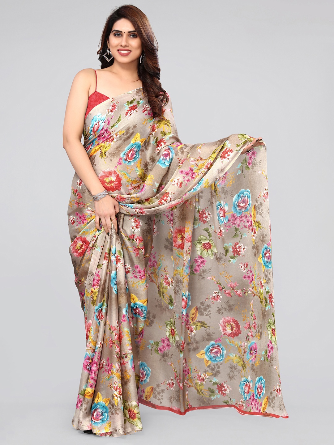 

MIRCHI FASHION Floral Printed Chiffon Saree, Beige