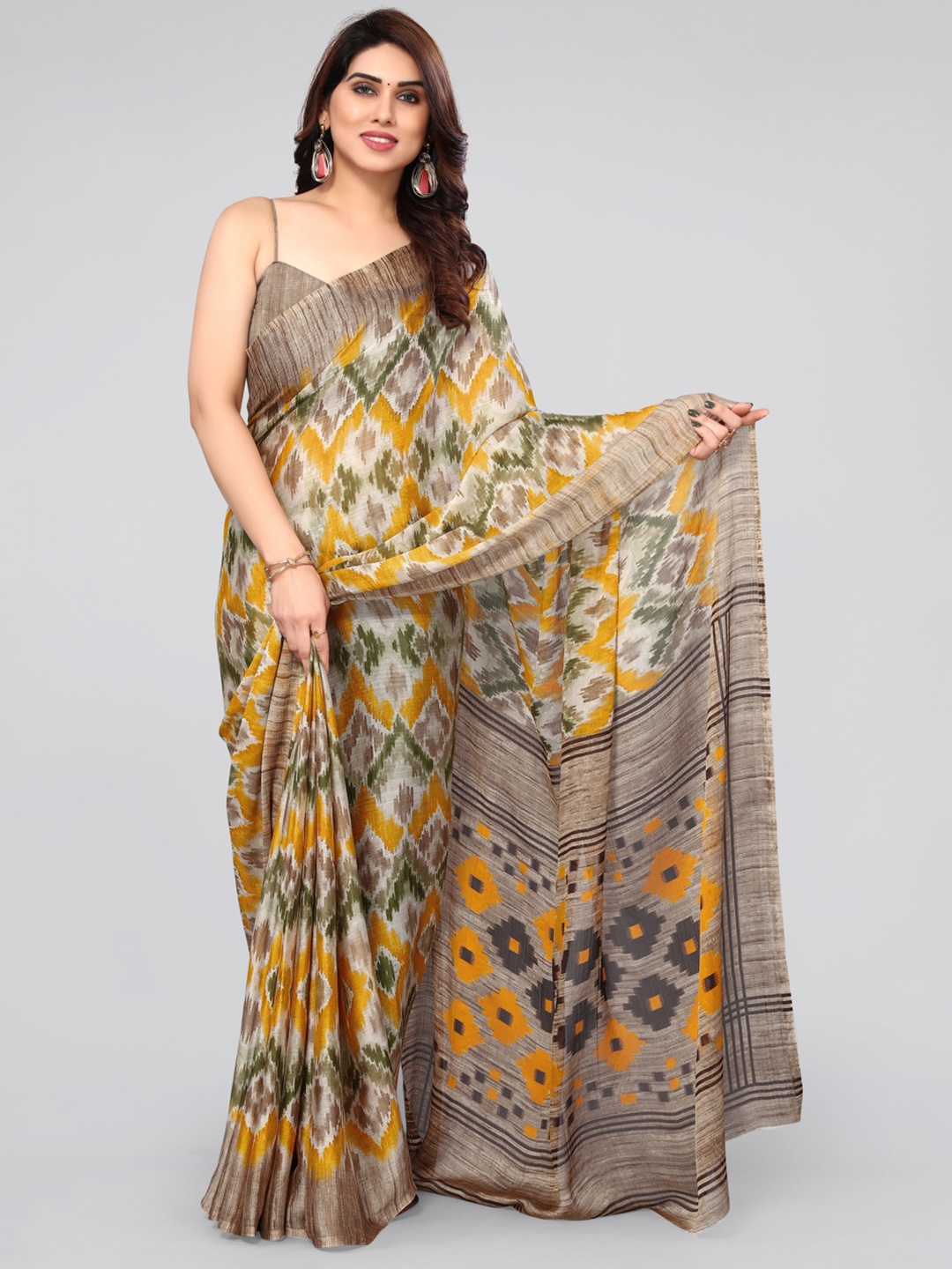 

MIRCHI FASHION Geometric Printed Poly Chiffon Ikat Saree, Mustard