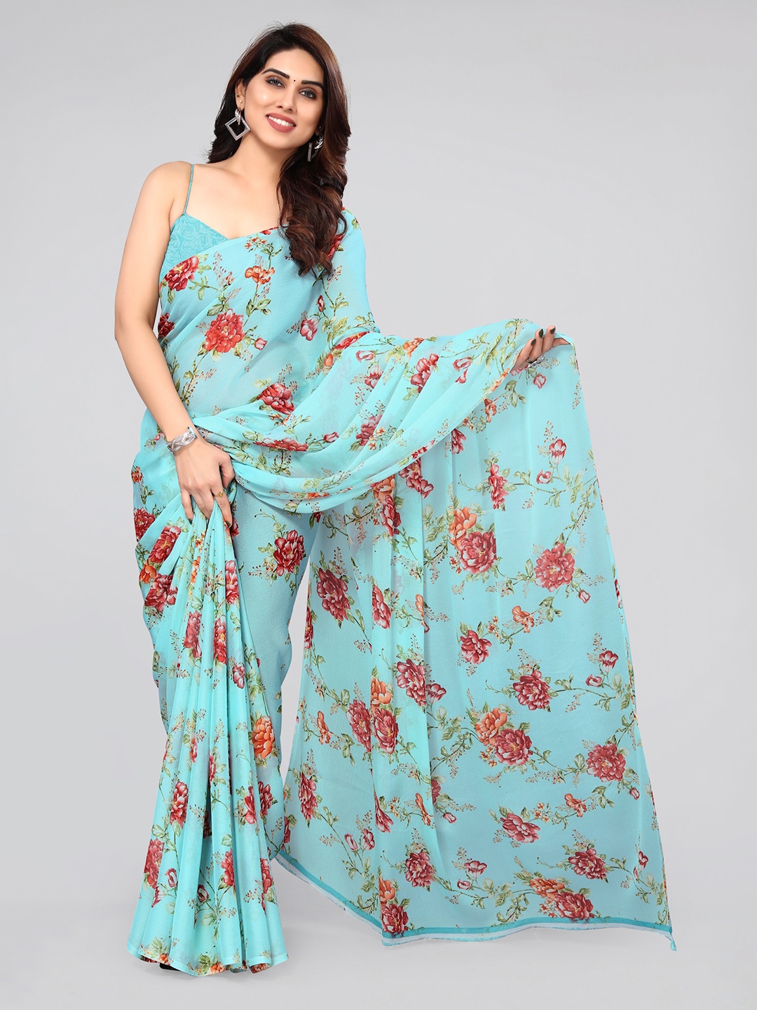 

MIRCHI FASHION Floral Printed Poly Chiffon Saree, Turquoise blue