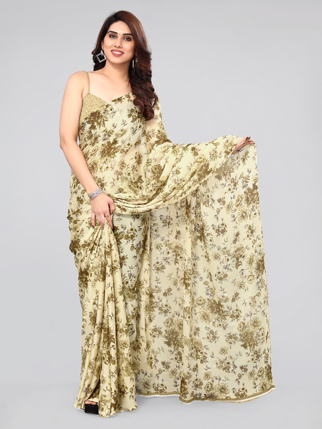 

MIRCHI FASHION Floral Printed Chiffon Saree, Cream