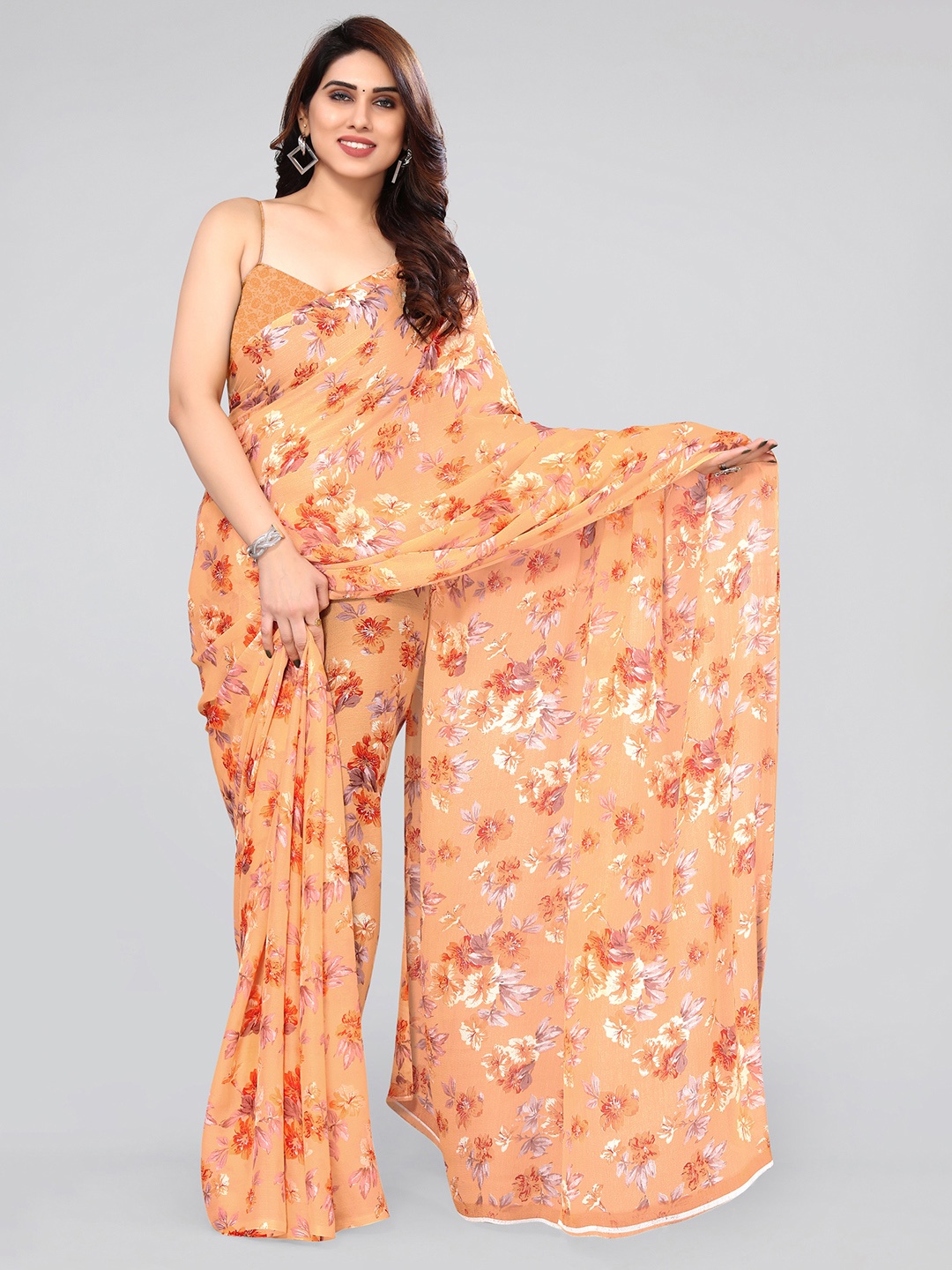 

MIRCHI FASHION Floral Printed Poly Chiffon Saree, Orange