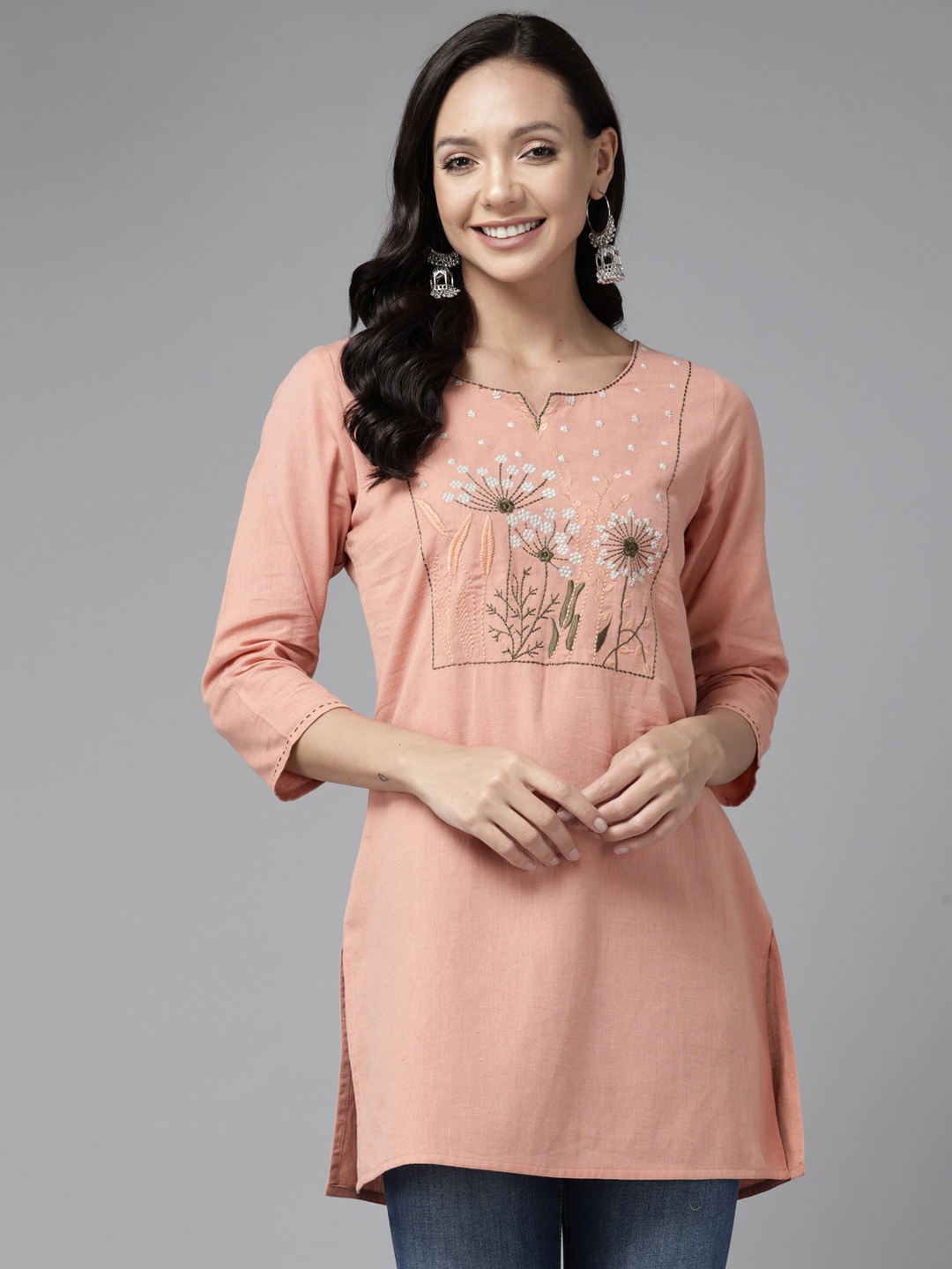 

Prakrti Ethnic Motifs Yoke Design Thread Work Kurti, Peach