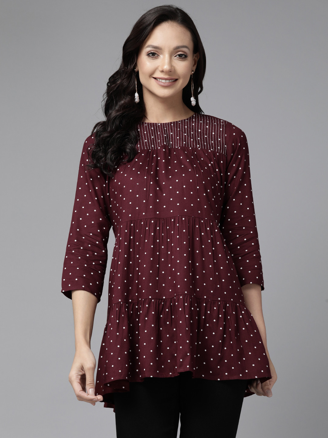 

Prakrti Polka Dots Printed Thread Work Tiered Kurti, Maroon
