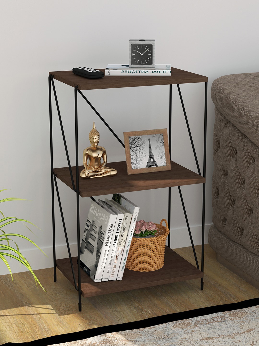 

Story@home Walnut Brown & Black Matte Textured Wooden Texture Ezbo String Storing Rack, Coffee brown