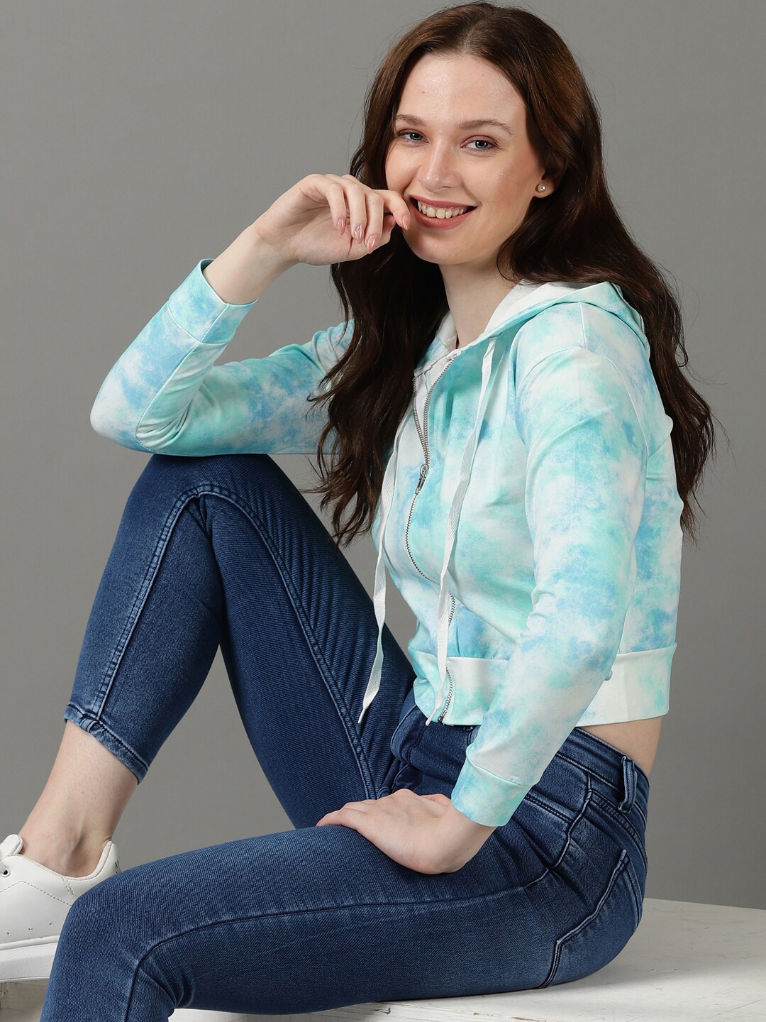 

SHOWOFF Cotton Printed Hooded Crop Sweatshirt, Turquoise blue