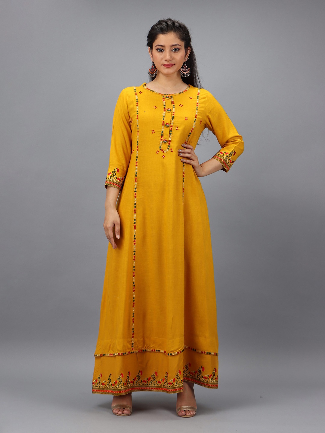 

Spera Floral Embroidered Round Neck Maxi Ethnic Dresses, Yellow