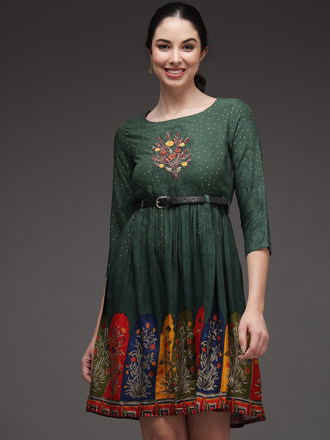 

Spera Ethnic Motifs Printed Empire Belted Dress, Green