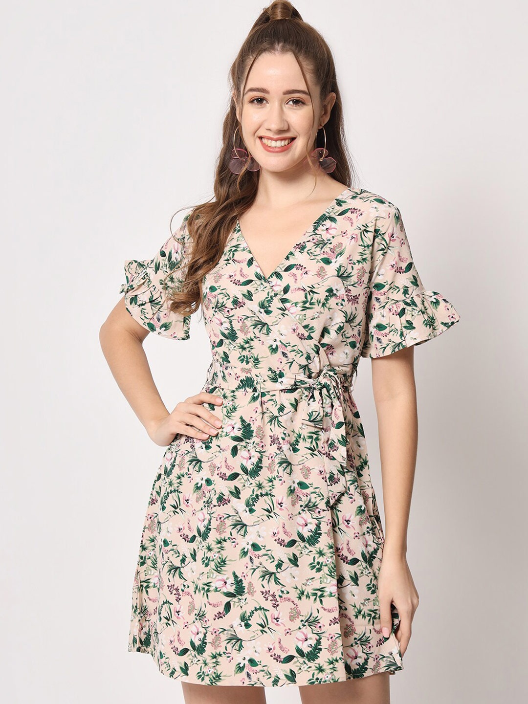 

D 'VESH Floral Print Crepe Fit & Flare Dress, Cream