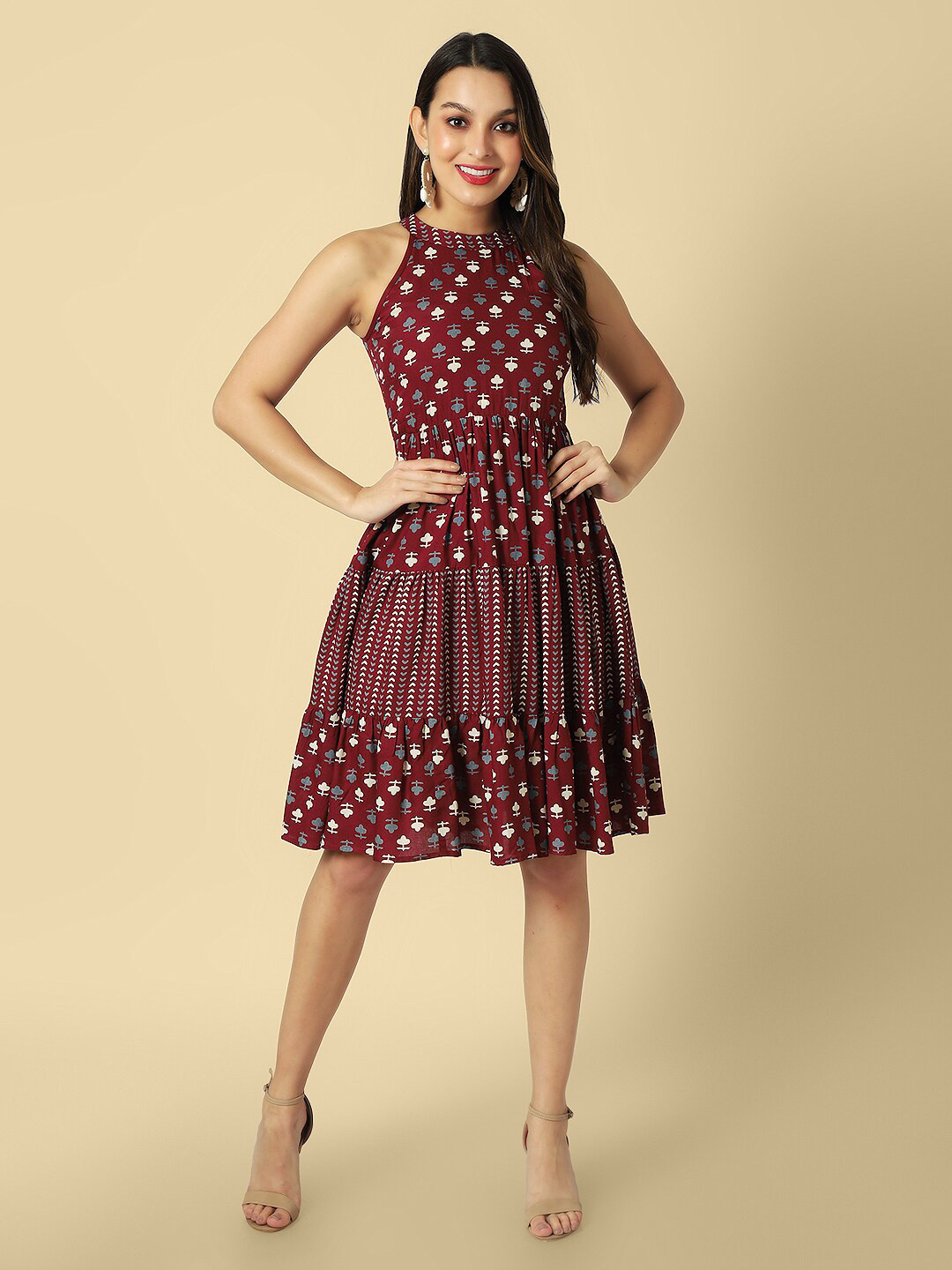 

DAEVISH Floral Print Fit & Flare Dress, Maroon