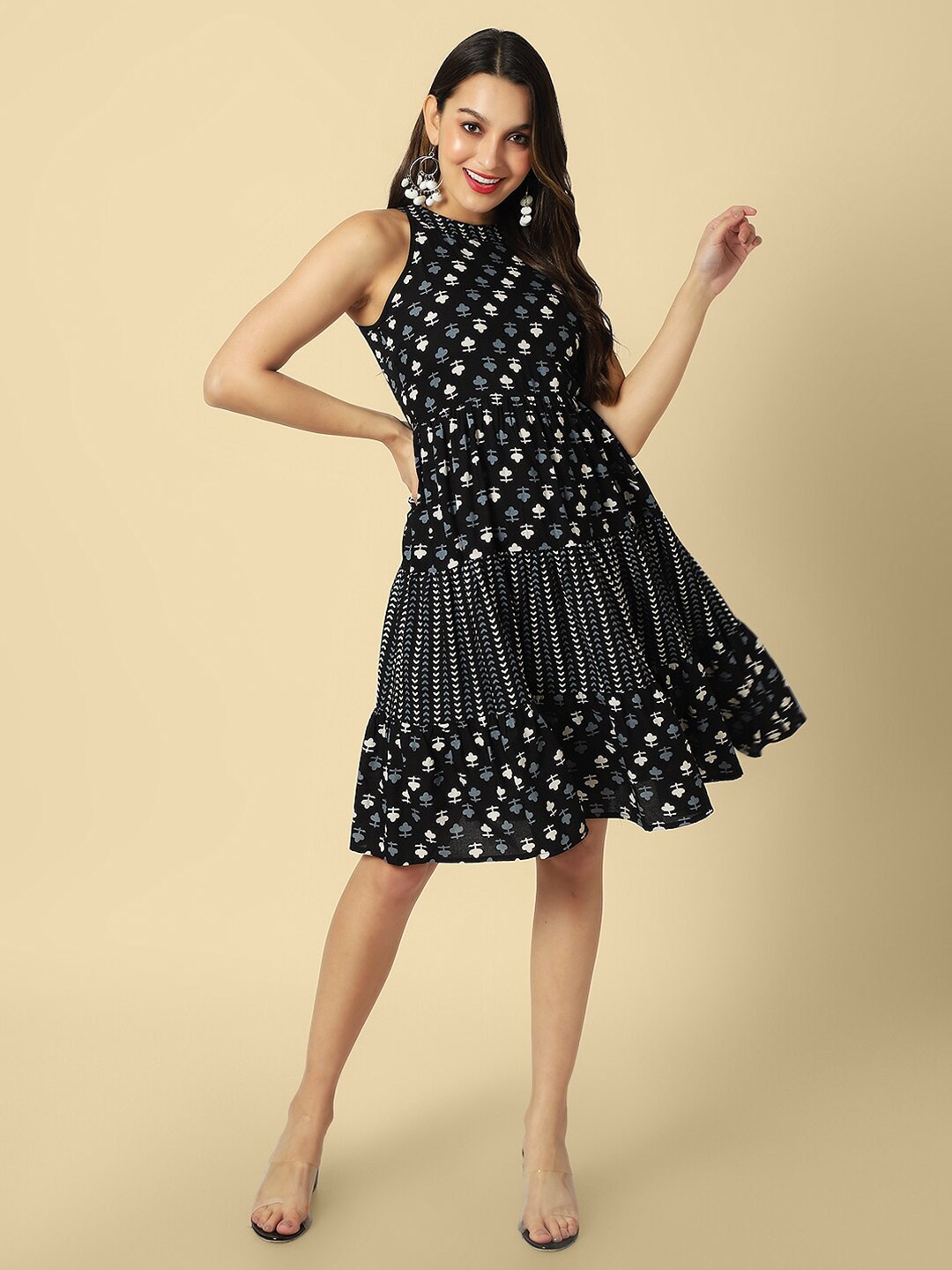 

DAEVISH Halter Neck Printed Fit & Flare Dress, Black