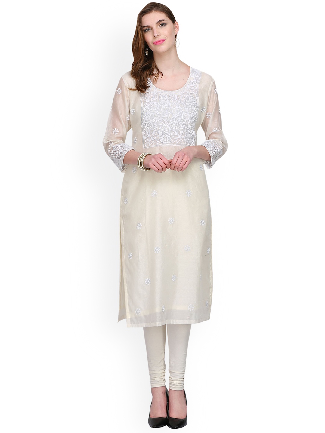 

KAANCHIE NANGGIA Women Off White Floral Embroidered Chanderi Silk Kurta