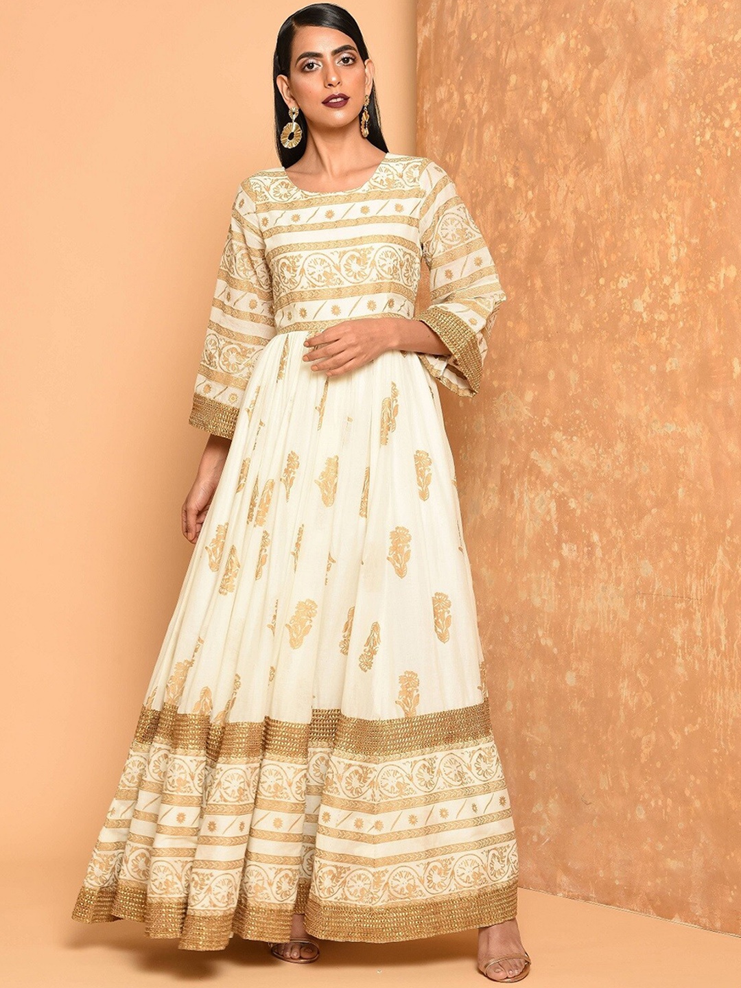 

KAANCHIE NANGGIA Ethnic Motifs Foil Printed Cotton Maxi Ethnic Dress, White