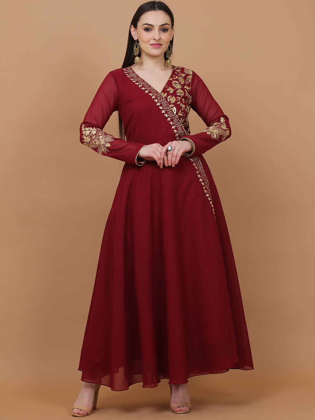 

KAANCHIE NANGGIA Floral Embroidered Fit & Flared Maxi Angrakha Georgette Ethnic Dresses, Maroon