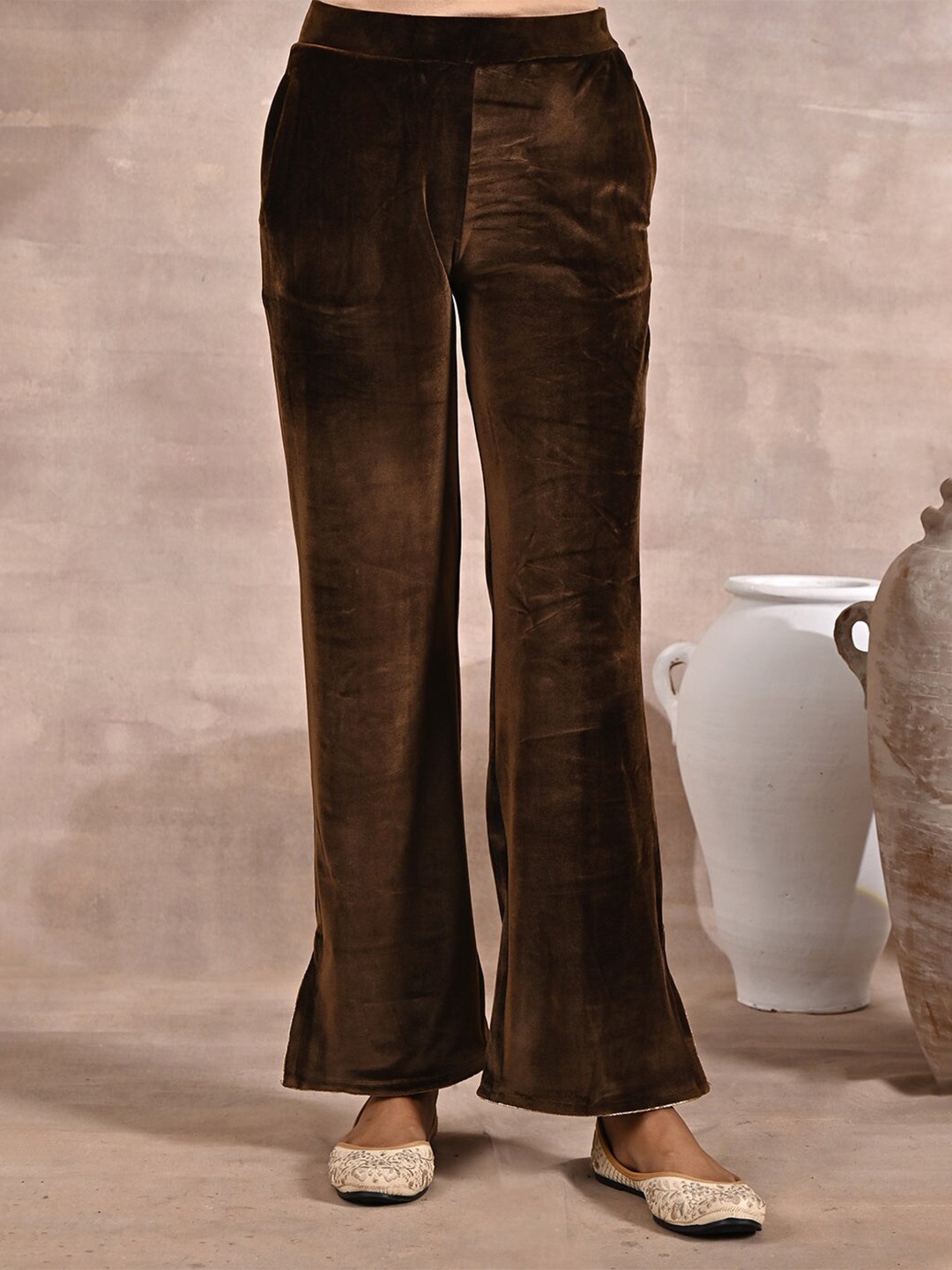 

Lakshita Women Wide Leg Velvet Palazzos With Zari Detail Hem, Beige