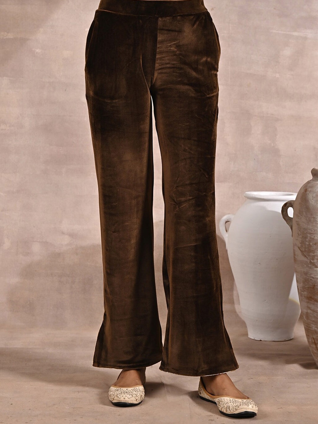 

Lakshita Women Knitted Velvet Palazzos, Beige