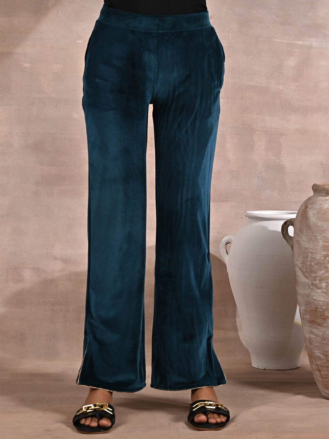 

Lakshita Women Wide Leg Velvet Palazzos With Zari Detail Hem, Blue