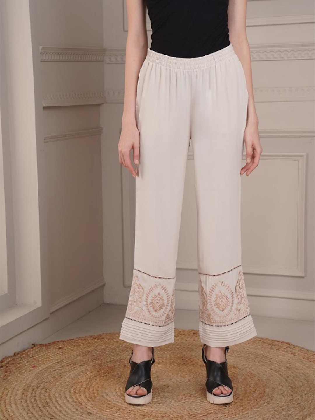 

Lakshita Women Embroidered Wide-Leg Palazzos, Beige