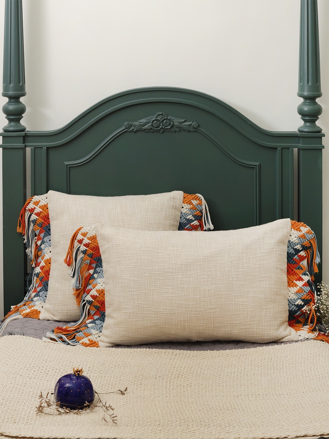 

Amoliconcepts Nomad Chic Beige & Blue Rectangle Cushion Cover With Tassels